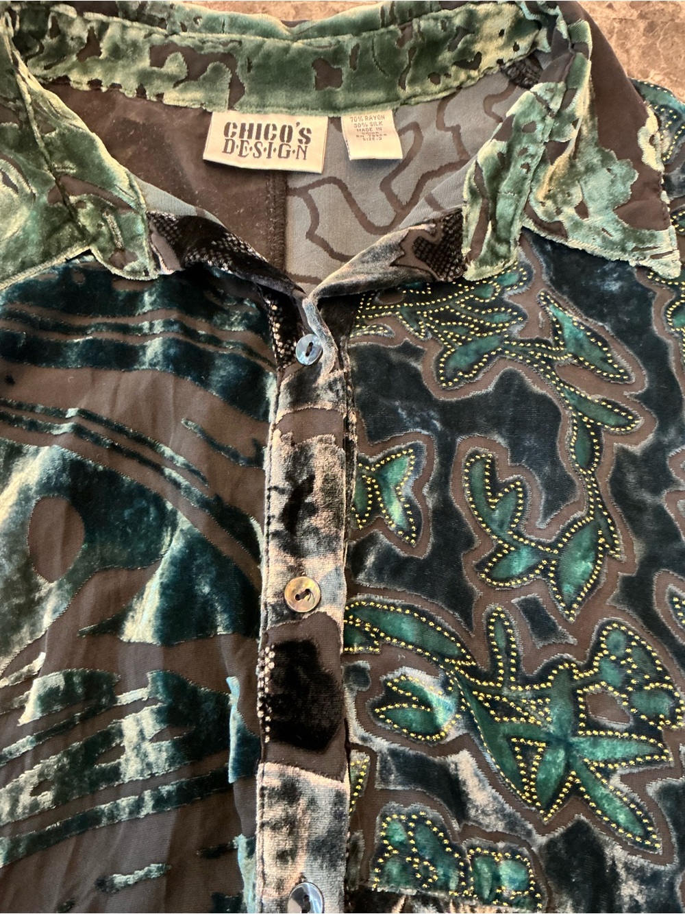 Chicos Boho Silk Velvet Burnout Sheer Floral Lagenlook Button Blouse Multi SZ 2 - Picture 4 of 13